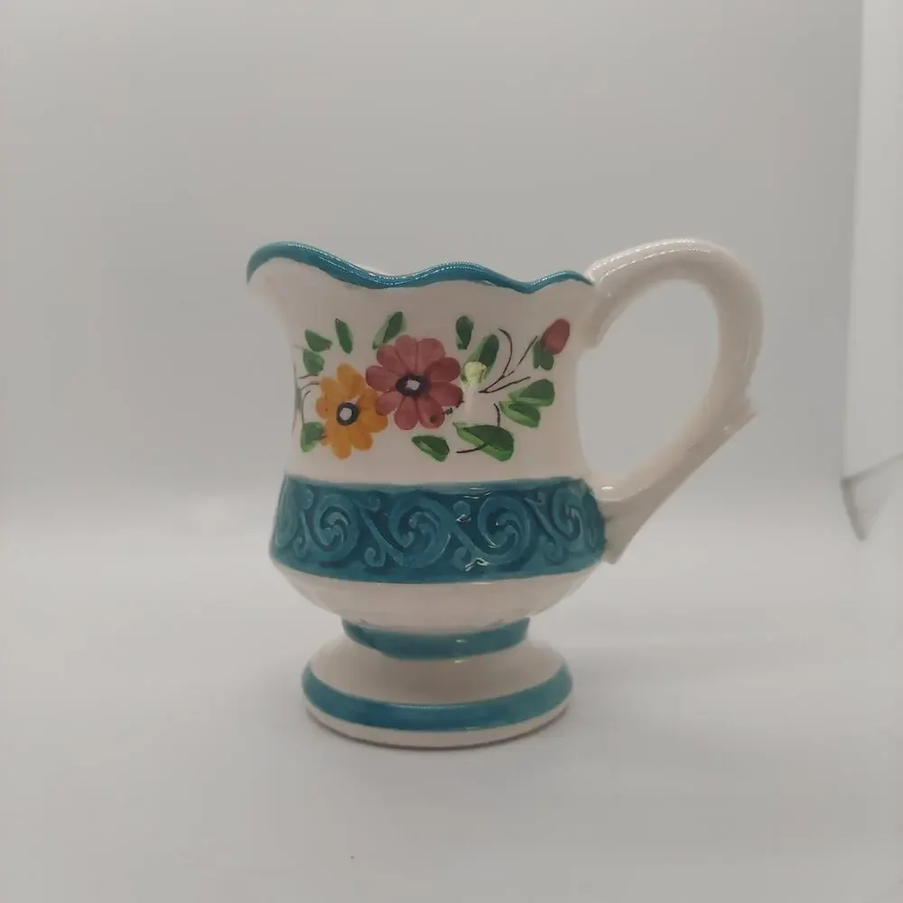 Bella Flora 2319 Ceramic Floral Pitcher Blue Trim Glossy Decorative Pottery